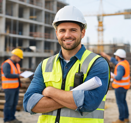Construction Site Supervisor wearing safety gear and overseeing site activities at an active construction project
