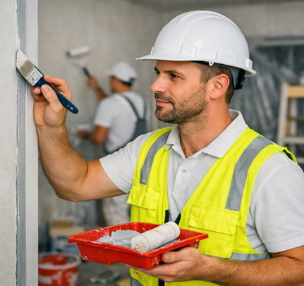 Construction professional painting and decorating interior walls, using tools while ensuring precision and site safety