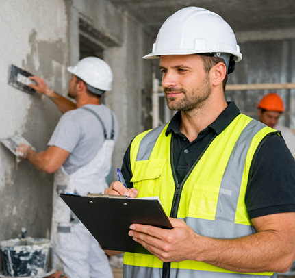 Construction professional supervising plastering work on site, wearing safety gear and ensuring quality standards