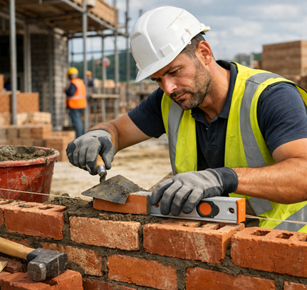 Skilled NVQ Level 3 Bricklayer using tools on a construction site, ensuring precision and quality work