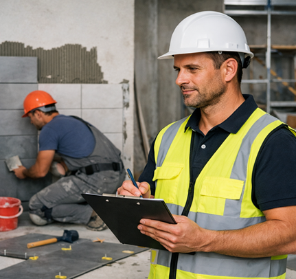Construction professional working on wall and floor tiling, wearing safety gear and ensuring precision and site safety