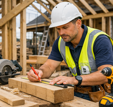 NVQ Level 3 wood occupation site carpenter marking timber with tools and safety gear.