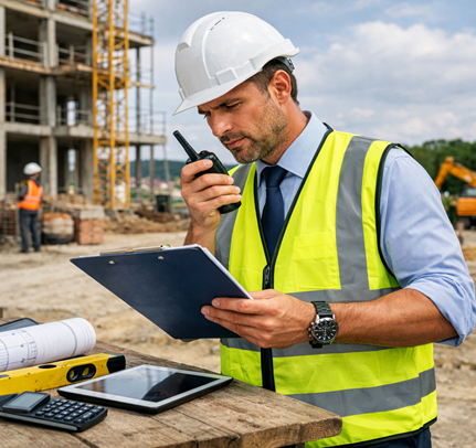 NVQ Level 6 construction contracting operations manager reviewing site plans with tools and digital devices.