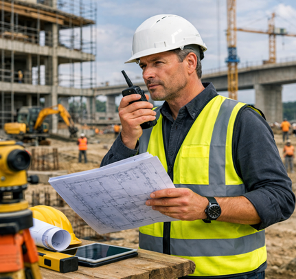 NVQ Level 6 construction site manager overseeing building and civil engineering project with blueprints and safety gear.