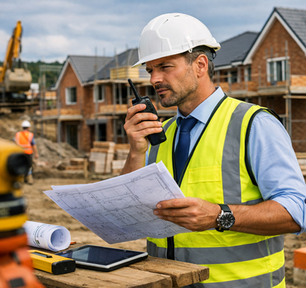 NVQ Level 6 construction site manager supervising residential development with blueprints and safety equipment.