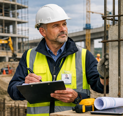 NVQ Level 6 senior site inspector conducting construction inspection with clipboard and safety equipment.