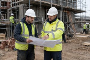 Experienced construction worker discussing plans with a site supervisor