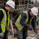 Construction labourer learning from experienced tradespeople on a UK building site