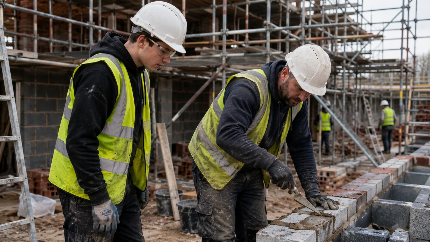Construction labourer learning from experienced tradespeople on a UK building site