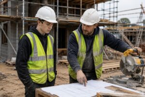 Construction labourer learning practical skills from an experienced tradesperson