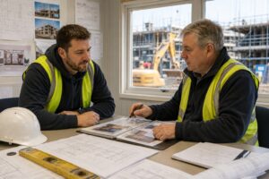 Experienced construction worker discussing qualifications with a construction assessor