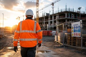 golden hour construction site walkthrough