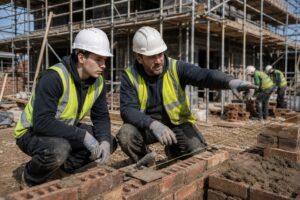 Experienced tradesperson teaching practical construction skills on site