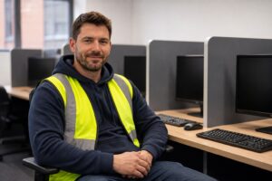 smiling technician in a modern computer lab