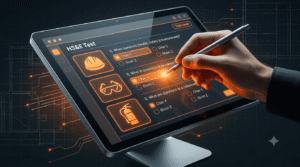 Close-up of a hand using a stylus pen on a touchscreen monitor displaying a glowing orange CITB HS&E test interface.