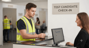Construction worker candidate presenting photo ID to a receptionist at the check-in desk of an official UK Health, Safety and Environment test center.