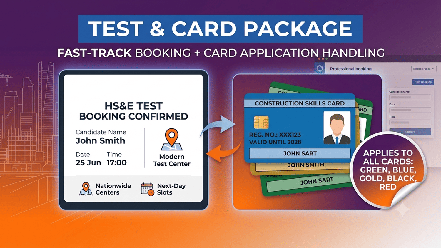 CITB test booking and CSCS card application package overview showing test confirmation notice and multiple CSCS card options
