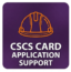 CSCS card application support icon showing an orange hard hat on a purple badge with text.