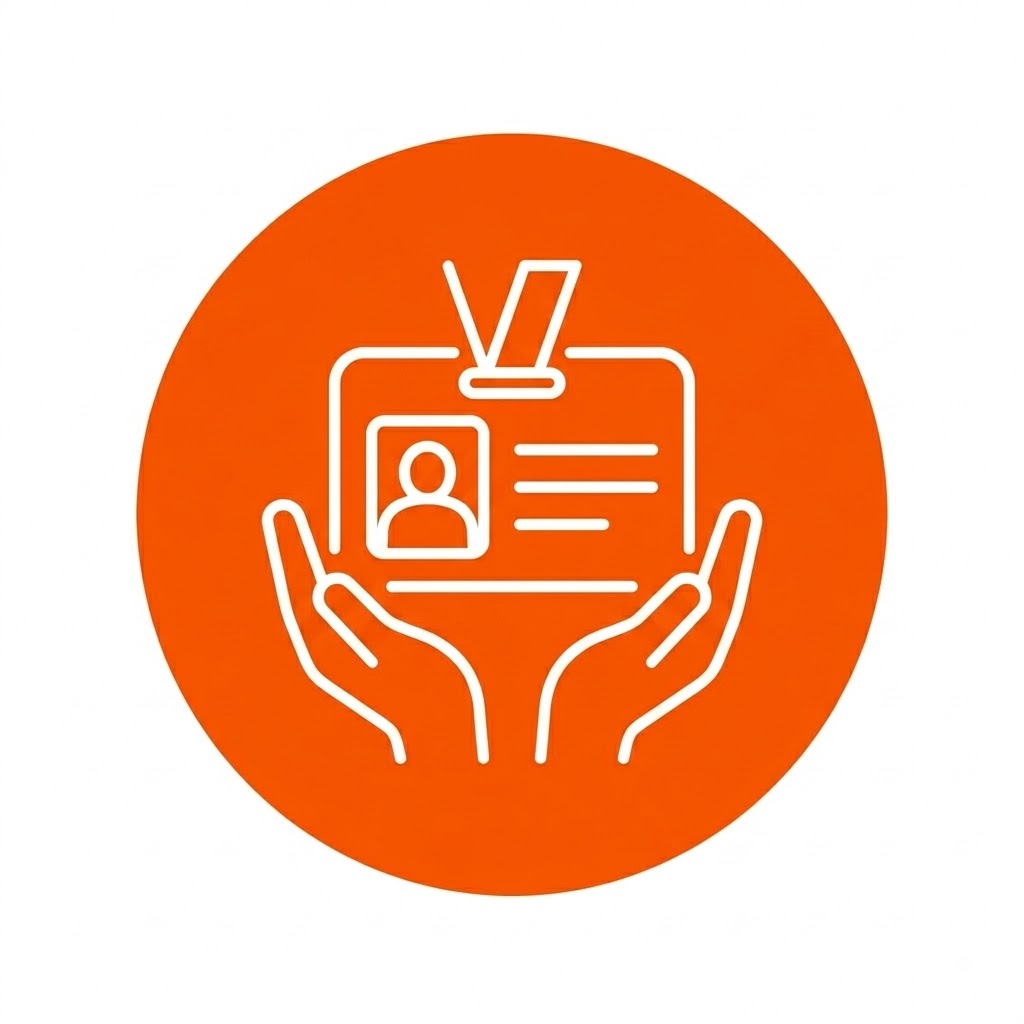 An isolated orange circular icon featuring a white line-art symbol of an ID card with a badge clip, cradled by supporting hands, representing complete CSCS card assistance.