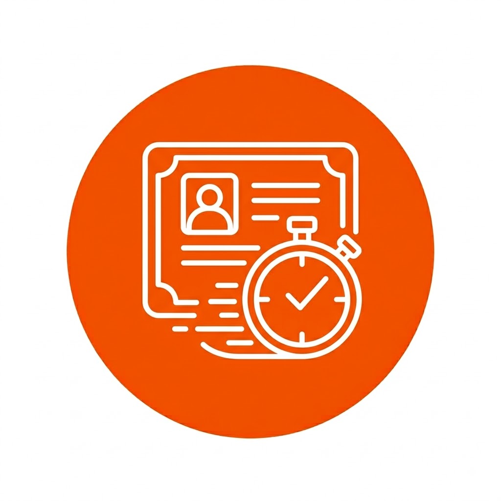 Orange rapid certificate processing and timer icon.