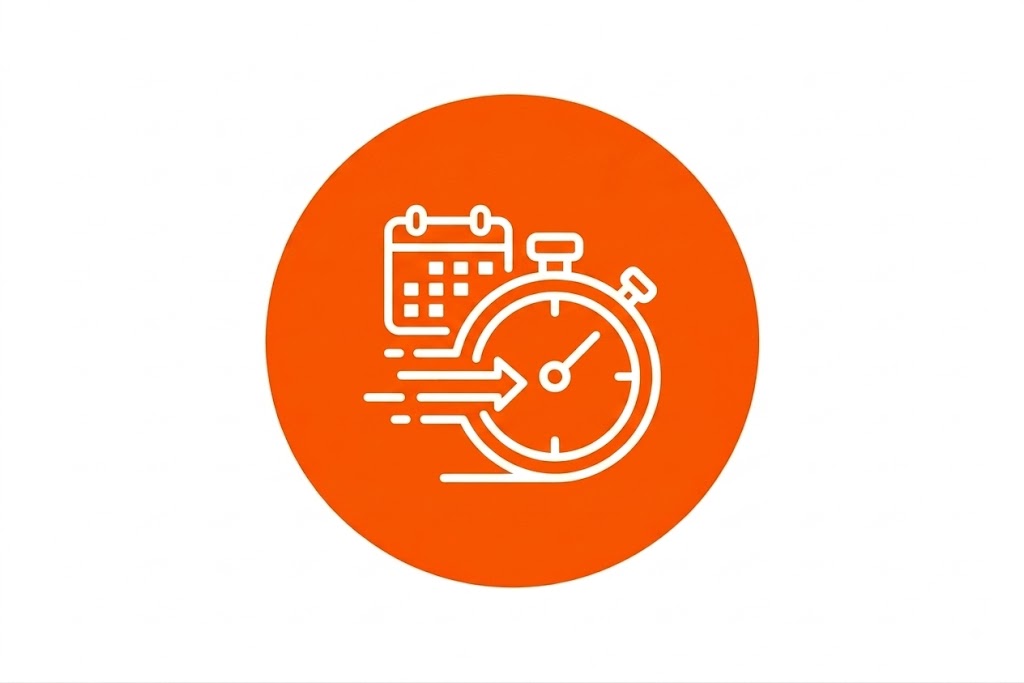 An isolated orange circular icon featuring a white line-art symbol of a stopwatch integrated with motion lines and an arrow, representing fast-track speed and guaranteed booking time slots.