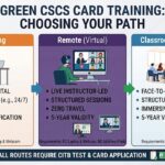 Comparison infographic showing eLearning, remote virtual classroom, and in-person classroom options for Green CSCS Card training, including requirements and validity details.