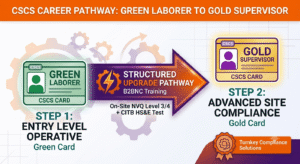Infographic illustrating the structured workforce qualification pathway from a Green CSCS Laborer Card to a Gold CSCS Supervisor Card via NVQ training and CITB test.