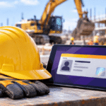 Construction hardhat, safety gloves, and digital tablet displaying an NPORS card with CSCS logo for site compliance