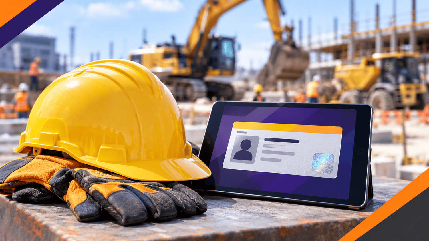 Construction hardhat, safety gloves, and digital tablet displaying an NPORS card with CSCS logo for site compliance