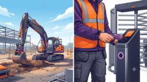 Comparison concept of traditional plant operator cards and CSCS logo requirements on UK construction sites 
