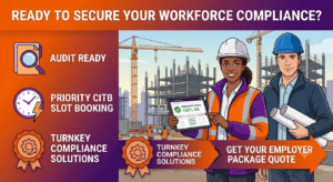 UK construction site managers reviewing workforce compliance and CITB test bookings with turnkey management solutions badge.