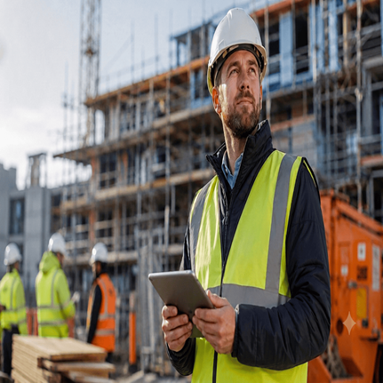 UK construction site manager in high-vis vest and hard hat holding a digital tablet for CITB test and CSCS card group bookings.