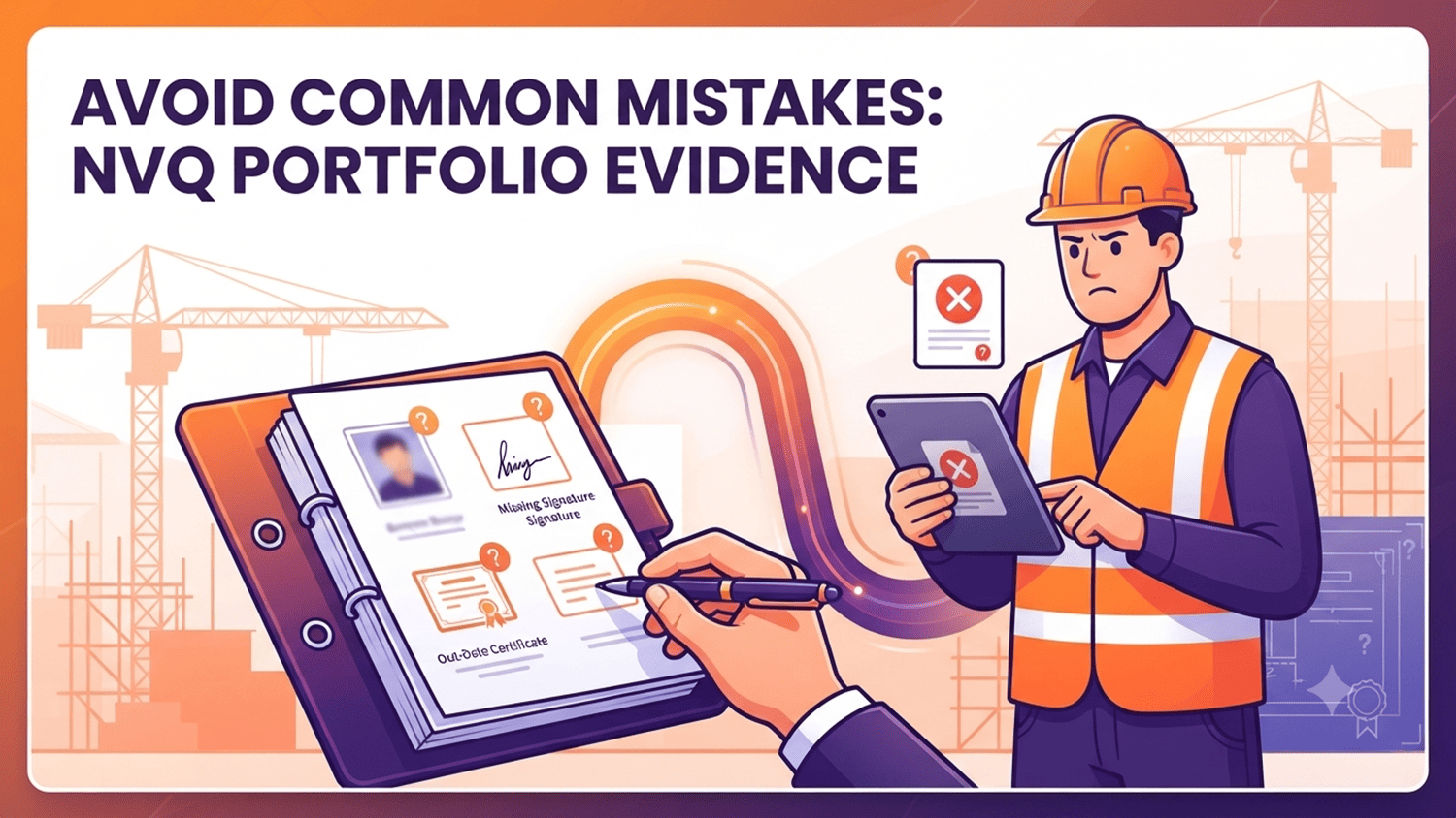 Construction worker reviewing NVQ portfolio evidence and avoiding common submission mistakes