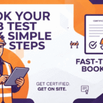 Construction worker holding a tablet with text reading Book Your CITB Test in 4 Simple Steps and Fast-Track Booking