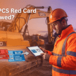 Construction plant operator checking card scheme details on site, comparing CPCS Red Trained Operator and Blue Competent Operator cards