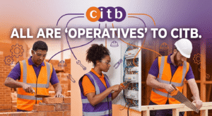Three skilled construction workers—a bricklayer, an electrician, and a carpenter—working at their respective tasks, connected visually to a CITB header in an orange and purple design.