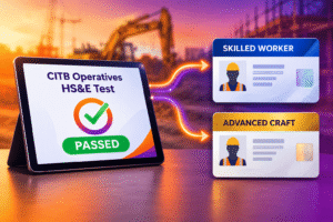 A graphic divided into two sections: the left displaying a CITB Operatives test completion status, and the right displaying generic Blue Skilled Worker and Gold Advanced Craft cards.