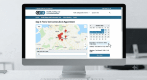 Screenshot of Step 3 in the CITB booking portal showing the interactive map and date selection calendar for finding a local test center
