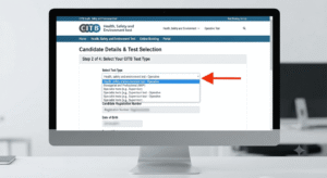 Screenshot of the online portal showing Step 2 to select the CITB health and safety test type