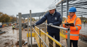 Construction safety inspector checking scaffolding edge protection and platform compliance on a UK site