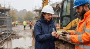 Site inspector checking a worker's competency card on a UK construction site next to heavy plant machinery