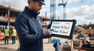 Construction site manager using a digital verification app to check worker credentials and CSCS cards