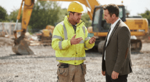 Construction worker showing his plant operator card to a site manager during a compliance check.