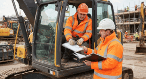 Construction plant operator reviewing NVQ assessment paperwork on-site for a CPCS card upgrade.