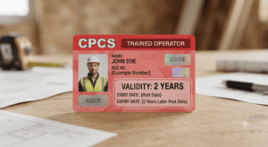 Close up of a CPCS Red Trained Operator Card showing the 2 year expiry date