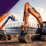Heavy construction plant machinery operating on a UK site during a comparison of CPCS and NPORS operator cards.