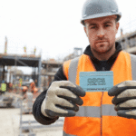 Construction worker holding a valid CSCS card on a UK site during card renewal
