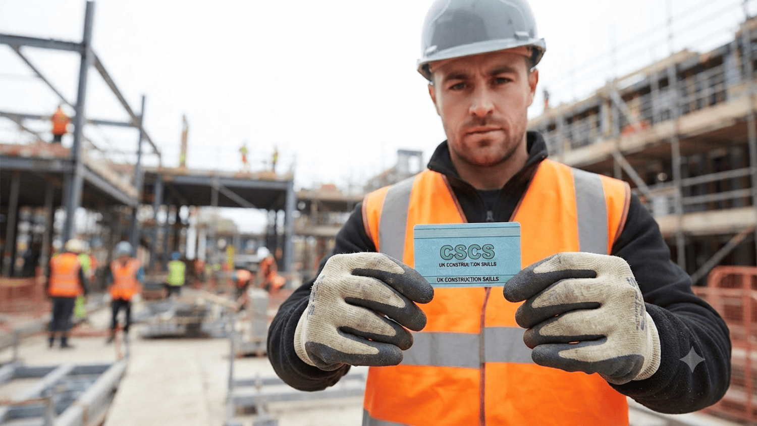 Construction worker holding a valid CSCS card on a UK site during card renewal