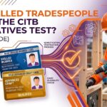 A tradesperson working on a construction site alongside graphics displaying generic blue skilled worker and gold advanced craft cards, highlighting a CITB test guide title.
