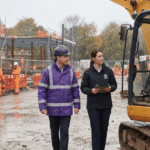 HSE inspector reviewing site safety and worker competence cards on a UK construction site during autumn